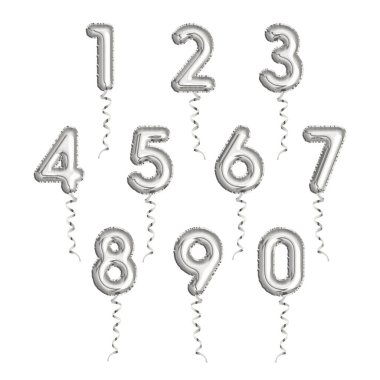 Beyaz arka planda izole edilmiş, şişme balonlardan yapılmış gümüş sayılar seti. Folil Balon Yazıtipi Görünümü
