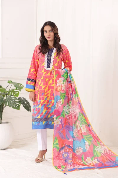 跟杜帕塔一起穿的一件巴基斯坦夏尔沃 卡米兹西服 向巴基斯坦模特展示了她的服装风格 — 图库照片