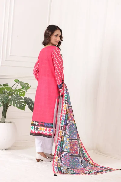 A Pakistani shalwar kameez suit with dupatta. Pakistani model is shown her dress with style. Indian dress.