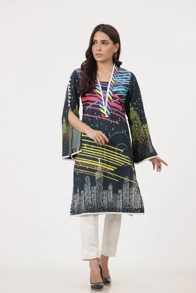 Fato Kameez Shalwar Paquistanês Com Dupatta Modelo Paquistanês Mostrado Seu — Fotografia de Stock