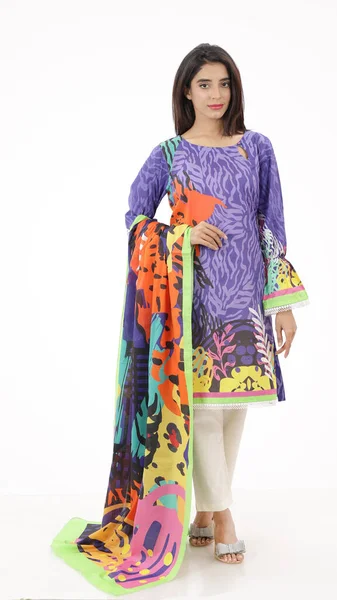 Traje Shalwar Kameez Paquistaní Con Dupatta Modelo Paquistaní Muestra Vestido — Foto de Stock