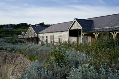 Uçurumun tepesinde eski bir ahşap ev. Ahşap ev bir uçurumun tepesindeki kır çiçeklerinin arasında yer almaktadır..