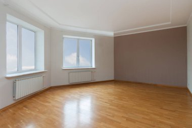 Empty unfurnished clean room interior with two sky windows, walls and wooden floor. 3d render