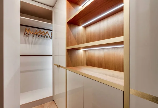 Trendy wooden dressing room with luminous lamps and parquet on the floor, lockers, shelves and hangers natural tones ecological sustainability. House utility room . Sustainable Lifestyle