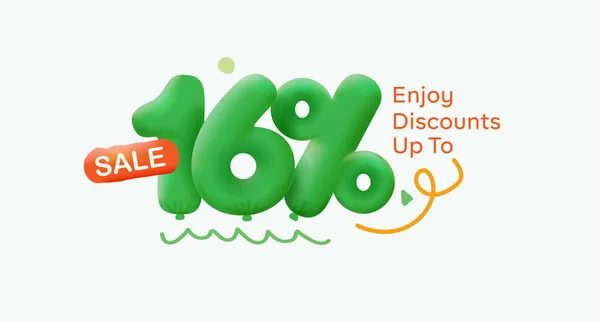 Special offer sale 16 % discount 3D number Green tag voucher illustration. Discount season label promotion advertising summer sale coupon promo marketing banner holiday weekend