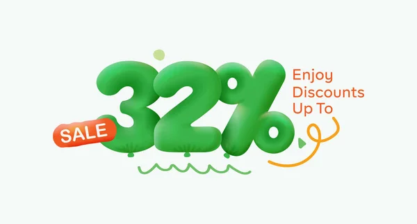 Special offer sale 32 % discount 3D number Green tag voucher illustration. Discount season label promotion advertising summer sale coupon promo marketing banner holiday weekend