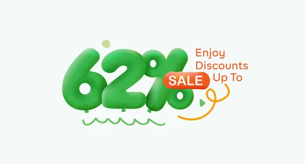 Special offer sale  62 % discount 3D number Green tag voucher illustration. Discount season label promotion advertising summer sale coupon promo marketing banner holiday weekend