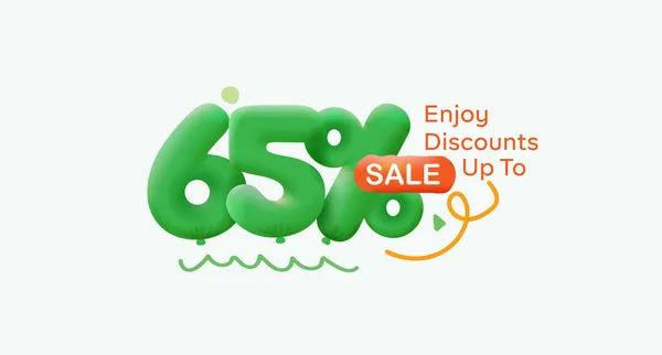 Special offer sale 65 % discount 3D number Green tag voucher illustration. Discount season label promotion advertising summer sale coupon promo marketing banner holiday weekend