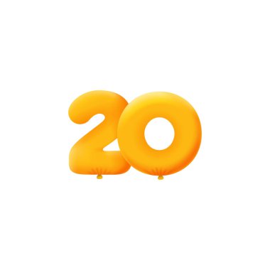 Turuncu 3D numara 20. Gerçekçi 3 boyutlu helyum turuncu balonları. Kupon illüstrasyon tasarımı 