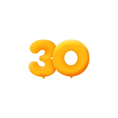 Turuncu 3D numara 30. Gerçekçi 3 boyutlu helyum turuncu balonları. Kupon illüstrasyon tasarımı 