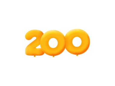 Turuncu 3D numara 200. Gerçekçi 3 boyutlu helyum turuncu balonları. Kupon illüstrasyon tasarımı 