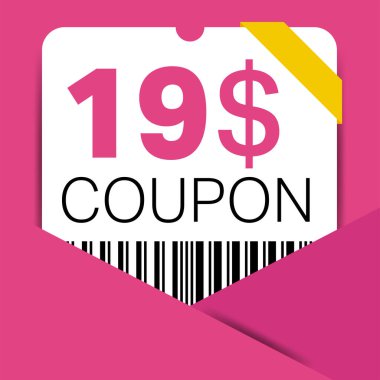 İnternet sitesi, internet reklamları, sosyal medya hediyesi indirimli 19 dolarlık indirim kuponu. Büyük indirim ve süper indirim kuponu. Price Tag Mega Coupon indirimli vektör illüstrasyonu.