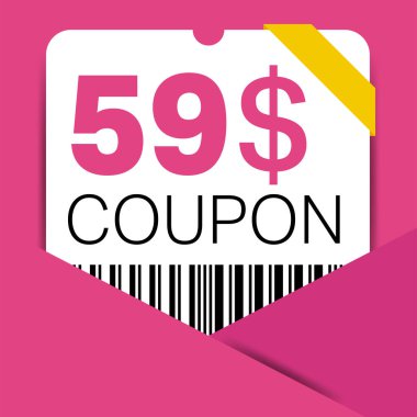 59 dolar indirim kuponu, internet reklamları, sosyal medya hediyesi 59 dolar indirim kuponu. Büyük indirim ve süper indirim kuponu. Price Tag Mega Coupon indirimli vektör illüstrasyonu.