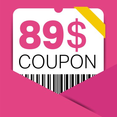 89 dolar indirim kuponu, internet reklamları, sosyal medya hediyesi 89 dolar indirim kuponu. Büyük indirim ve süper indirim kuponu. Price Tag Mega Coupon indirimli vektör illüstrasyonu.