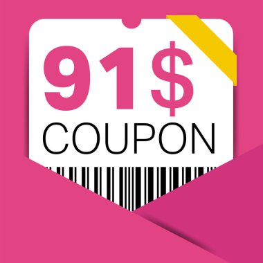 İnternet sitesi, internet reklamları, sosyal medya hediyesi 91 dolarlık indirim kuponu. Büyük indirim ve süper indirim kuponu. Price Tag Mega Coupon indirimli vektör illüstrasyonu.