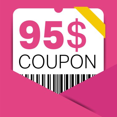 İnternet sitesi, internet reklamları ve sosyal medya için 95 dolarlık indirim kuponu satışı. Büyük indirim ve süper indirim kuponu. Price Tag Mega Coupon indirimli vektör illüstrasyonu.