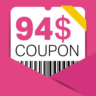 İnternet sitesi, internet reklamları, sosyal medya hediyesi 94 dolarlık indirim kuponu. Büyük indirim ve süper indirim kuponu. Price Tag Mega Coupon indirimli vektör illüstrasyonu.