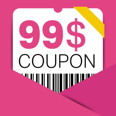 İnternet sitesi, internet reklamları, sosyal medya hediyesi 99 dolarlık indirim kuponu. Büyük indirim ve süper indirim kuponu. Price Tag Mega Coupon indirimli vektör illüstrasyonu.