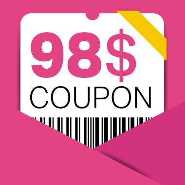 İnternet sitesi, internet reklamları, sosyal medya hediyesi 98 dolarlık indirim kuponu. Büyük indirim ve süper indirim kuponu. Price Tag Mega Coupon indirimli vektör illüstrasyonu.
