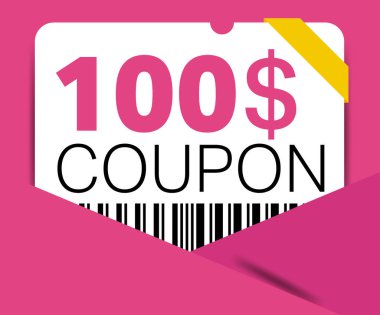 İnternet sitesi, internet reklamları, sosyal medya hediyesi indirimli 100 dolarlık indirim kuponu. Büyük indirim ve süper indirim kuponu. Price Tag Mega Coupon indirimli vektör illüstrasyonu.