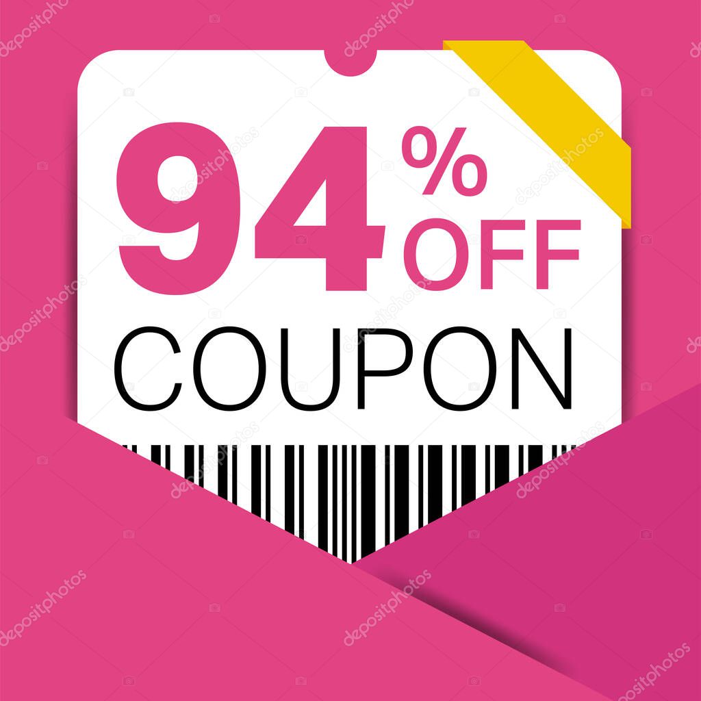 94% Coupon promotion sale for a website, internet ads, social media gift 94% off discount voucher. Big sale and super sale coupon discount. Price Tag Mega Coupon discount with vector illustration.