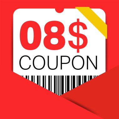Bir internet sitesi, internet reklamları, sosyal medya hediye çeki için 8 dolarlık indirim kuponu. Büyük indirim ve süper indirim kuponu. Price Tag Mega Coupon indirimli vektör illüstrasyonu.