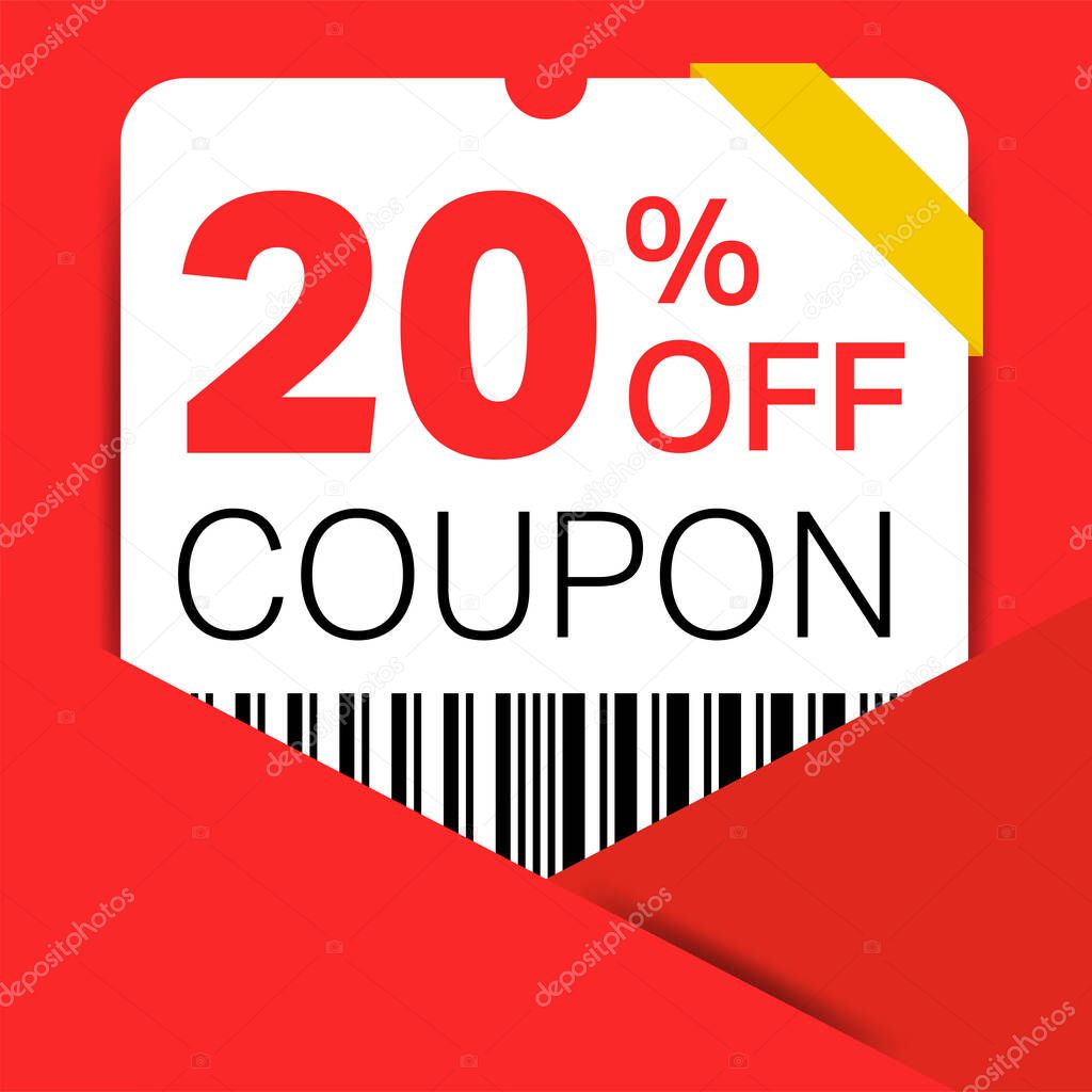 20% Coupon promotion sale for a website, internet ads, social media gift 20% off discount voucher. Big sale and super sale coupon discount. Price Tag Mega Coupon discount with vector illustration.