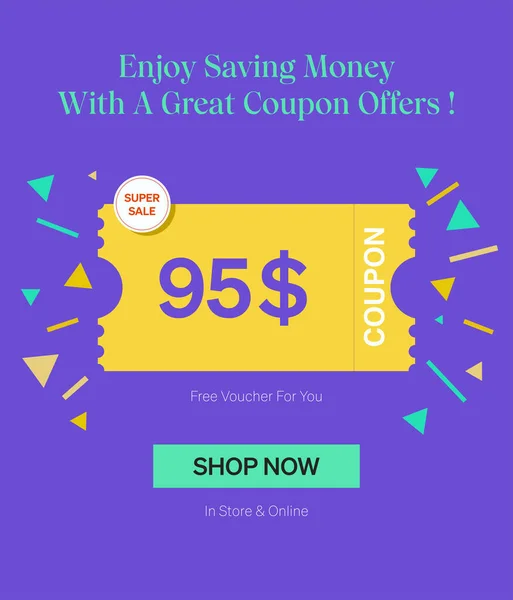 Coupon 95美元的Voucher在商店和网上 享受省钱与伟大的优惠券模板提供 现货免费超级市场 — 图库矢量图片