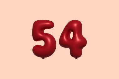 Gerçekçi metalik hava balonu 3D görüntülemesinden yapılmış 54 numara balon. Satılık parti dekorasyonu için 3 boyutlu kırmızı helyum balonları, kutlama yıldönümü, düğün tatili. Vektör illüstrasyonu