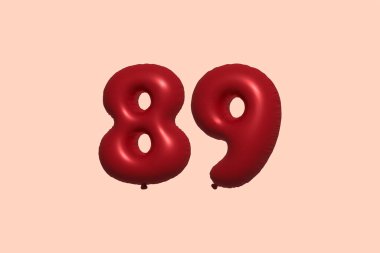 Gerçekçi metalik hava balonu 3D görüntülemesinden yapılmış 89 3D numaralı balon. Satılık parti dekorasyonu için 3 boyutlu kırmızı helyum balonları, kutlama yıldönümü, düğün tatili. Vektör illüstrasyonu
