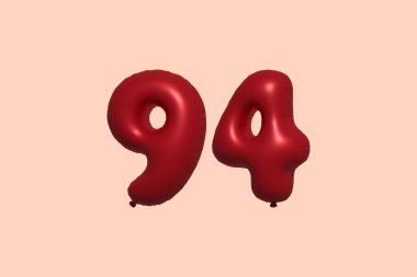 Gerçekçi metalik hava balonu 3D görüntülemesinden yapılmış 94 3D numaralı balon. Satılık parti dekorasyonu için 3 boyutlu kırmızı helyum balonları, kutlama yıldönümü, düğün tatili. Vektör illüstrasyonu