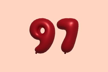 Gerçekçi metalik hava balonu 3D görüntülemesinden yapılmış 97 3D numaralı balon. Satılık parti dekorasyonu için 3 boyutlu kırmızı helyum balonları, kutlama yıldönümü, düğün tatili. Vektör illüstrasyonu