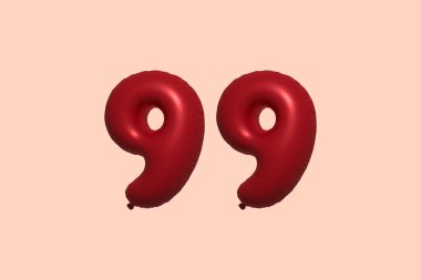 Gerçekçi metalik hava balonu 3D görüntülemesinden yapılmış 99 3D numaralı balon. Satılık parti dekorasyonu için 3 boyutlu kırmızı helyum balonları, kutlama yıldönümü, düğün tatili. Vektör illüstrasyonu