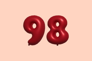 Gerçekçi metalik hava balonu 3D görüntülemesinden yapılmış 98 3D numaralı balon. Satılık parti dekorasyonu için 3 boyutlu kırmızı helyum balonları, kutlama yıldönümü, düğün tatili. Vektör illüstrasyonu