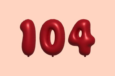 3D gerçekçi metalik hava balonundan yapılmış 104 numara balon. Satılık parti dekorasyonu için 3 boyutlu kırmızı helyum balonları, kutlama yıldönümü, düğün tatili. Vektör illüstrasyonu