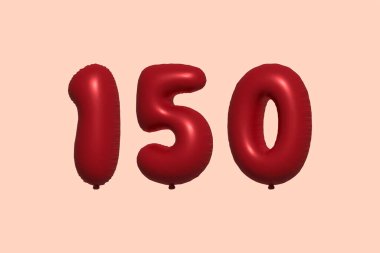 3D gerçekçi metalik hava balonundan yapılmış 150 3D numaralı balon. Satılık parti dekorasyonu için 3 boyutlu kırmızı helyum balonları, kutlama yıldönümü, düğün tatili. Vektör illüstrasyonu