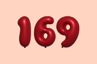 Gerçekçi metalik hava balonundan yapılmış 169 3D numaralı balon 3D. Satılık parti dekorasyonu için 3 boyutlu kırmızı helyum balonları, kutlama yıldönümü, düğün tatili. Vektör illüstrasyonu