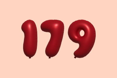 Gerçekçi metalik hava balonundan yapılmış 179 numara 3D balon. Satılık parti dekorasyonu için 3 boyutlu kırmızı helyum balonları, kutlama yıldönümü, düğün tatili. Vektör illüstrasyonu