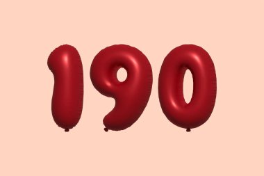 3D gerçekçi metalik hava balonundan yapılmış 190 numara balon. Satılık parti dekorasyonu için 3 boyutlu kırmızı helyum balonları, kutlama yıldönümü, düğün tatili. Vektör illüstrasyonu