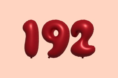 192 3D numaralı balon gerçekçi metalik hava balonu 3D görüntüleme. Satılık parti dekorasyonu için 3 boyutlu kırmızı helyum balonları, kutlama yıldönümü, düğün tatili. Vektör illüstrasyonu