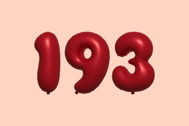 Gerçekçi metalik hava balonundan yapılmış 193 boyutlu 3D numaralı balon. Satılık parti dekorasyonu için 3 boyutlu kırmızı helyum balonları, kutlama yıldönümü, düğün tatili. Vektör illüstrasyonu