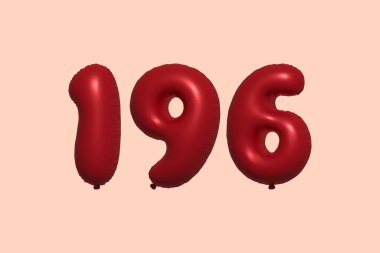 3D gerçekçi metalik hava balonundan yapılmış 196 numara balon. Satılık parti dekorasyonu için 3 boyutlu kırmızı helyum balonları, kutlama yıldönümü, düğün tatili. Vektör illüstrasyonu