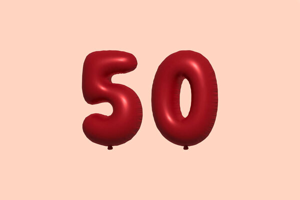 50 3d number balloon made of realistic metallic air balloon 3d rendering. 3D Red helium balloons for sale decoration Party Birthday, Celebrate anniversary, Wedding Holiday. Vector illustration