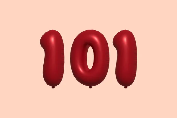 101 Číslo Balón Realistického Kovového Vzduchového Balónu Rendering Červené Helium — Stockový vektor
