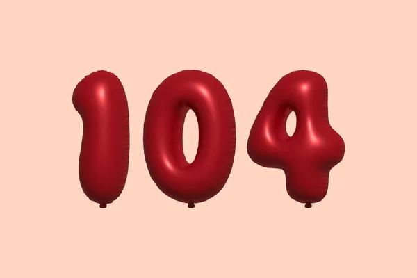 104 Číslo Balón Realistického Kovového Vzduchového Balónu Rendering Červené Helium — Stockový vektor