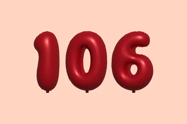 106 Číslo Balón Realistického Kovového Vzduchového Balónu Rendering Červené Helium — Stockový vektor