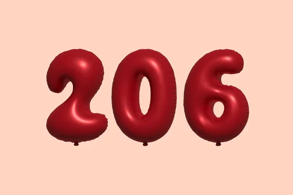 206 Nummerballon Gemaakt Van Realistische Metalen Luchtballon Rendering Rode Helium — Stockvector