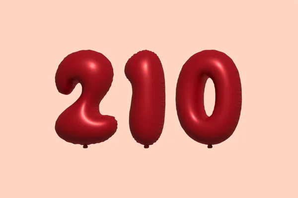 210 Číslo Balón Realistického Kovového Vzduchového Balónu Rendering Červené Helium — Stockový vektor