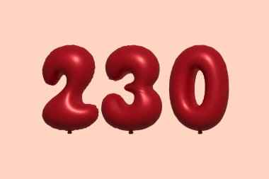 Gerçekçi metalik hava balonundan yapılmış 230 3D numaralı balon 3D. Satılık parti dekorasyonu için 3 boyutlu kırmızı helyum balonları, kutlama yıldönümü, düğün tatili. Vektör illüstrasyonu