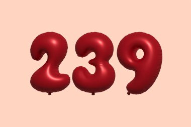 Gerçekçi metalik hava balonundan yapılmış 239 numara 3D balon. Satılık parti dekorasyonu için 3 boyutlu kırmızı helyum balonları, kutlama yıldönümü, düğün tatili. Vektör illüstrasyonu